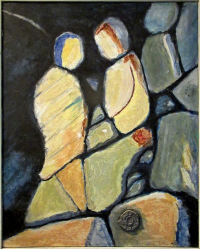 Figuren - 2001 - Eitempera, Öl, Sand, Ammonit - 81x102cm