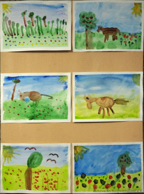 Aquarellmalerei: Landschaft mit Tieren und Bäumen