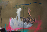 Fährmann - Acryl, Öl, Sprayfarbe, Ölkreide, Pastellkreide, Filzstift, Collage und Kohle auf Leinwand - 160x110cm zweiteilig - 2021