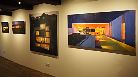 Serie Architekturmalerei "Millionaires View", in der Mitte "Nighthouse", Öl, Lack, Buntstift auf Leinwand